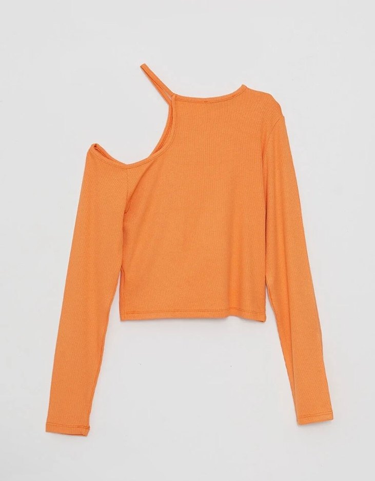 Tek Omuz Detaylı Turuncu Uzun Kollu Triko - Görsel 2