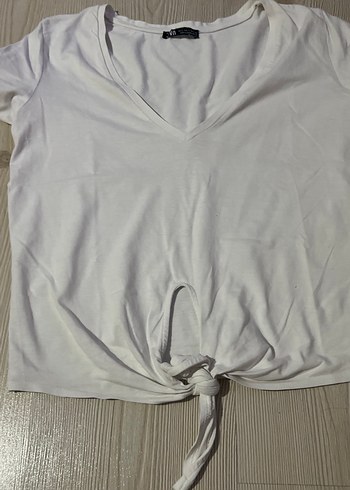 Zara Beyaz V Yaka Kısa Kollu Keten Tişört