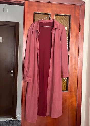 Bordo Süet Uzun trençkot - Görsel 5