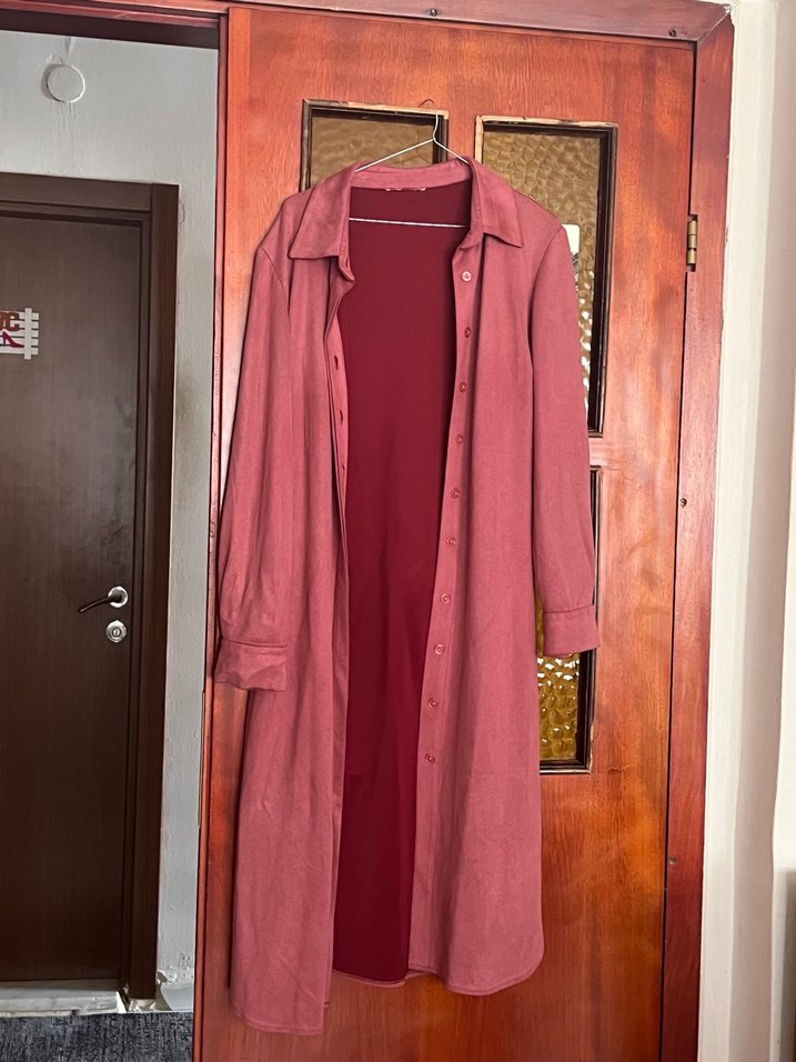 Bordo Süet Uzun trençkot - Görsel 5