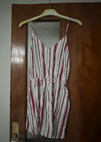 Çizgili Pilili Kırmızı Mini Tulum - Görsel 5