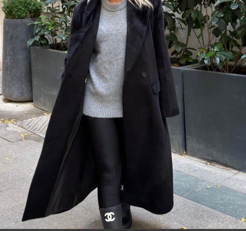 Uzun Siyah Çift Düğmeli Kaban - Görsel 4