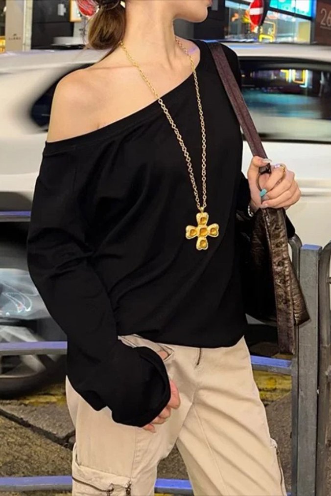 Düşük omuz uzun kollu tişört - Görsel 2