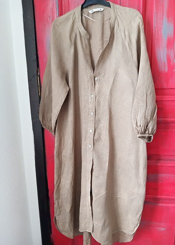Düğmeli Bej Keten Uzun elbise