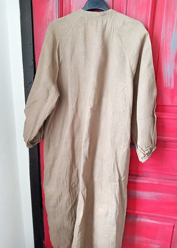 xl Beden Düğmeli Bej Keten Uzun elbise