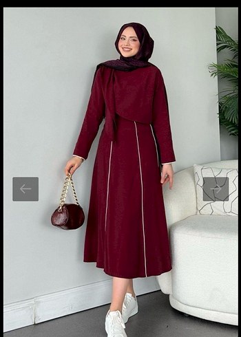 Bordo Nakışlı Uzun Kollu Kadın Elbise