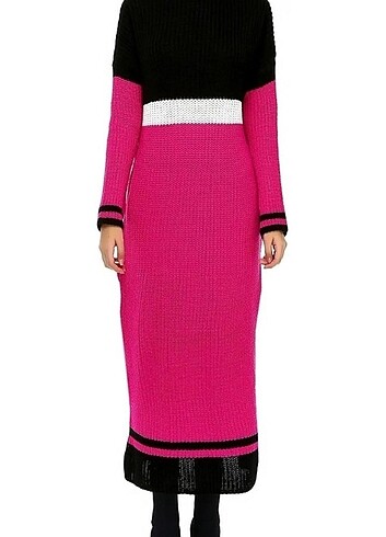 Pembe siyah krem triko uzun elbise