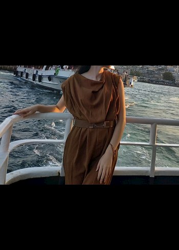 Açık Kahverengi Deri Kemerli Midi Tulum - Görsel 2