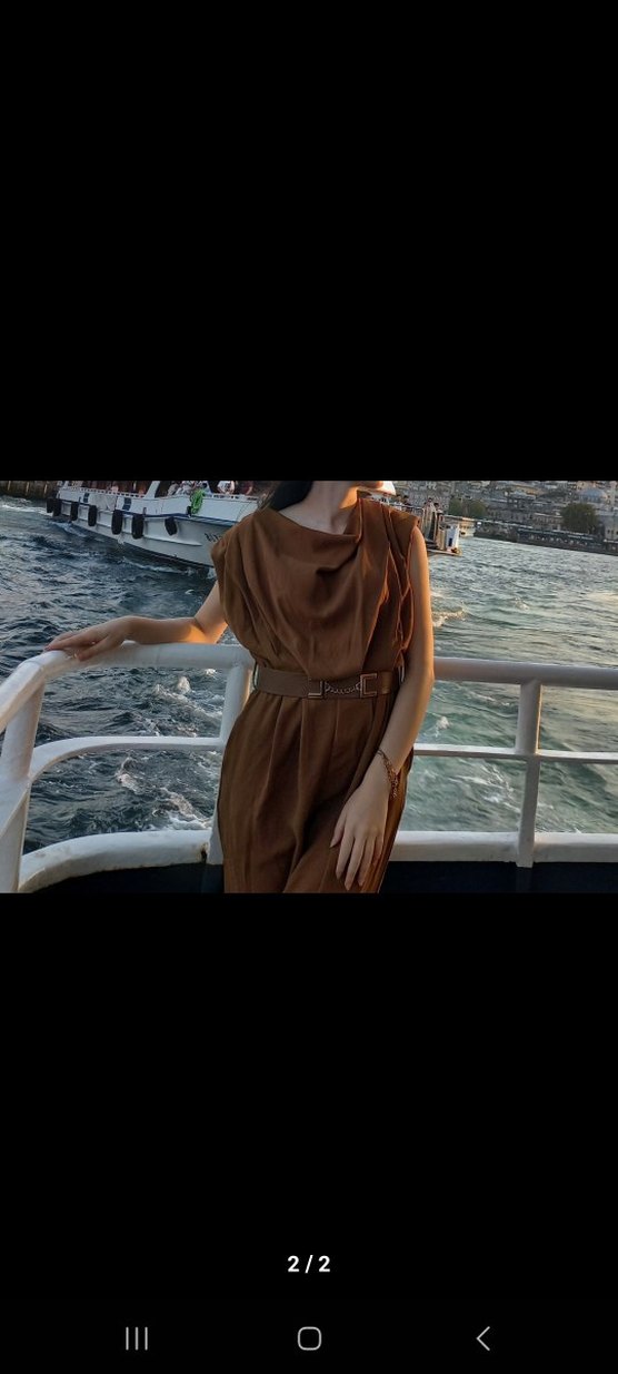 Açık Kahverengi Deri Kemerli Midi Tulum - Görsel 2