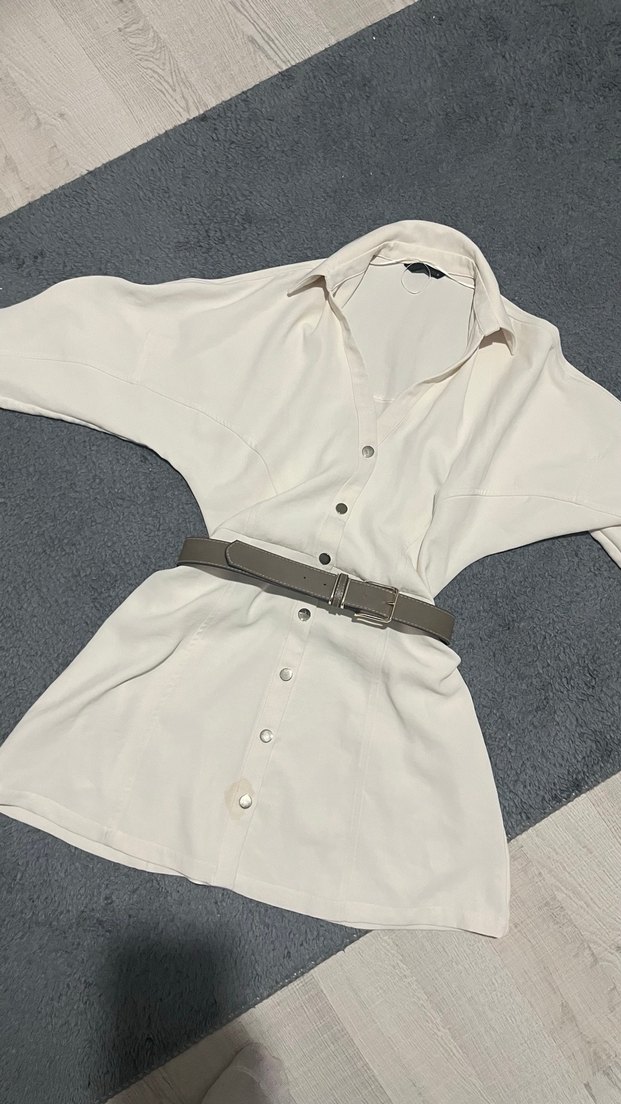 Bej Kemerli Beyaz Kadın Keten Midi Gömlek - Görsel 3