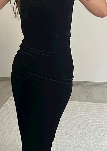 Drapeli Siyah Straplez Uzun Kadın Elbise - Görsel 5