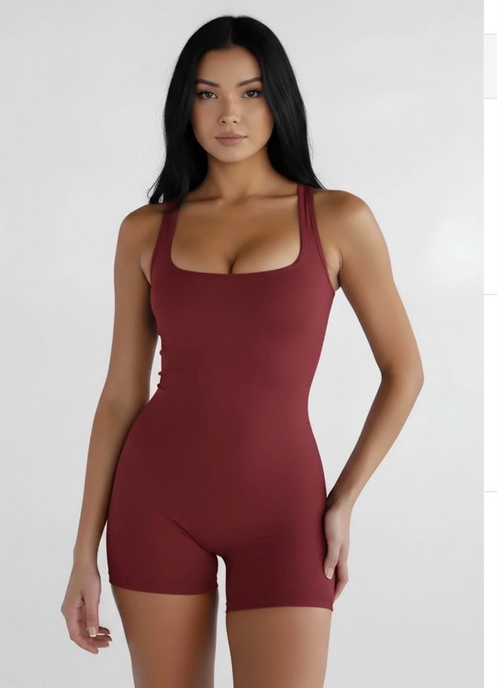 Bordo V Dekolteli Kadın Kısa Likralı Tulum - Görsel 2