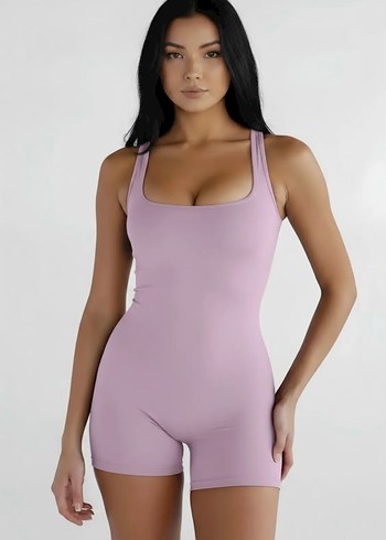 Lila  V Dekolteli Kadın Kısa Likralı Tulum - Görsel 2