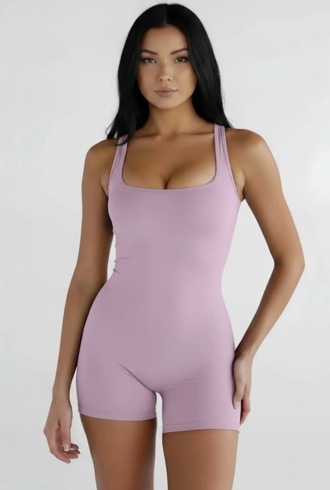 Lila  V Dekolteli Kadın Kısa Likralı Tulum - Görsel 2