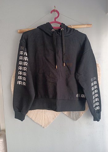 m Beden Siyah Kapüşonlu Baskılı Kadın Sweatshirt
