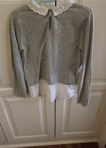 Gri Uzun Kollu Örgü Triko Yaka Detaylı - Görsel 3