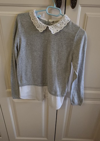 Gri Uzun Kollu Örgü Triko Yaka Detaylı - Görsel 2