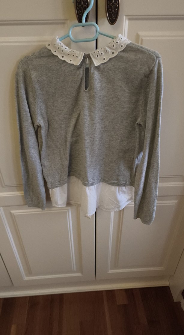 Gri Uzun Kollu Örgü Triko Yaka Detaylı - Görsel 3