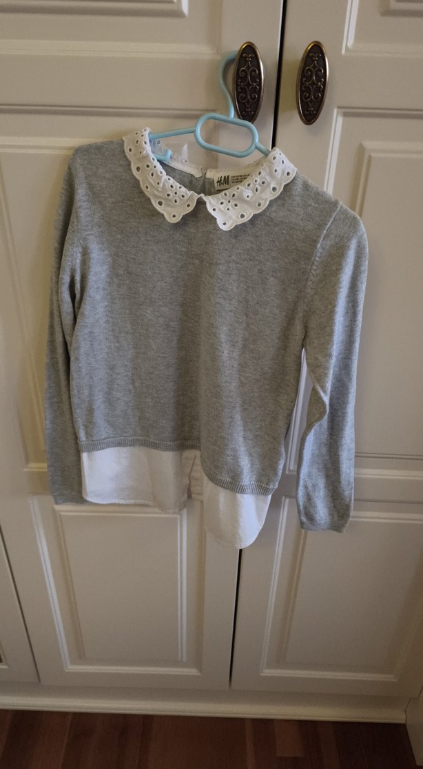 Gri Uzun Kollu Örgü Triko Yaka Detaylı - Görsel 2