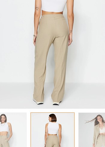 Düğmeli Bej Kadın Kumaş Pantolon - Görsel 3