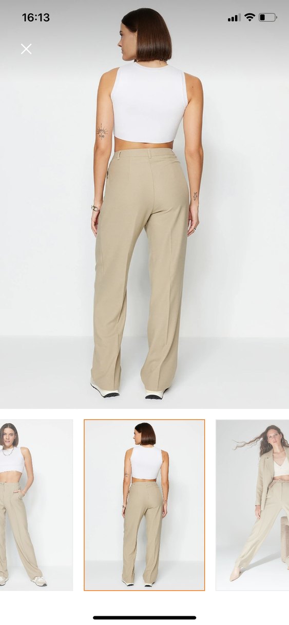 Düğmeli Bej Kadın Kumaş Pantolon - Görsel 3