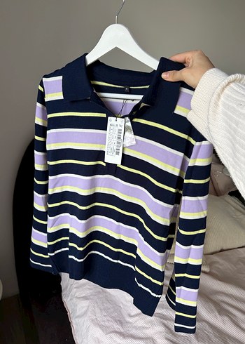 Çizgili Mor Polo Yaka Kadın Kazak - Görsel 2