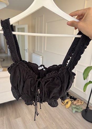 Siyah Fırfırlı Keten Strappy Bustiyer