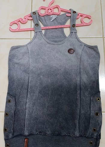 Gri Denim Düğmeli Kolsuz askılı