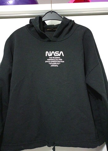 Diğer NASA Baskılı Siyah Kapüşonlu Kadın Sweatshirt
