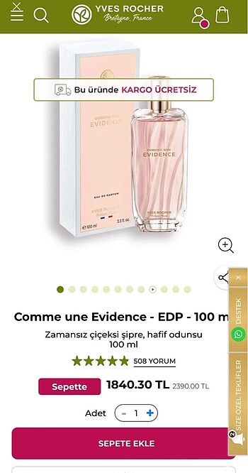  Beden Renk Yves rocher evidence parfüm 100 ml