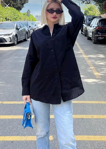 m Beden Madmext siyah basic oversize poplin gömlek
