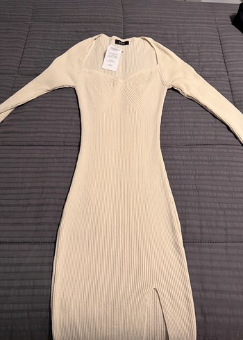 Uzun krem V Yaka Triko Kadın Elbise - Görsel 4