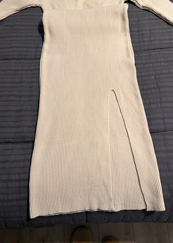 Uzun krem V Yaka Triko Kadın Elbise - Görsel 5