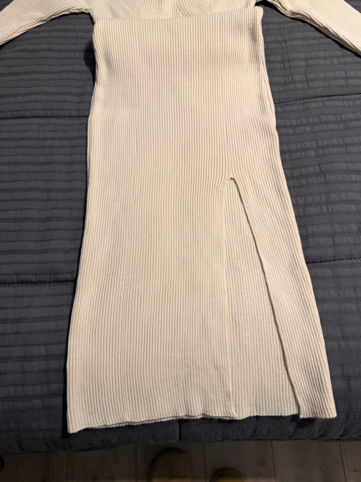 Uzun krem V Yaka Triko Kadın Elbise - Görsel 5