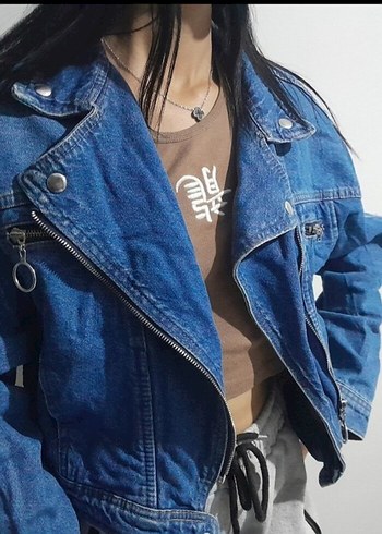 m Beden Düğmeli Mavi Denim Kadın Ceket