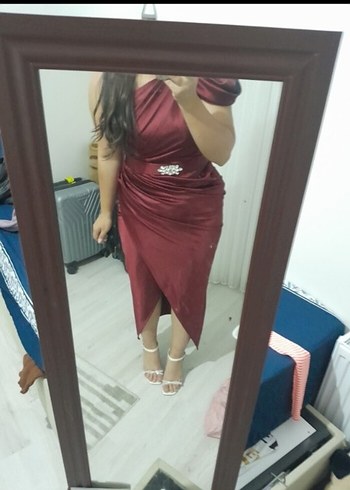 Bordo Drapeli Midi Abiye Elbise