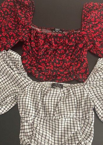 BERSHKA Kare Yaka Kısa Kollu Desenli Kadın 2li Bluz