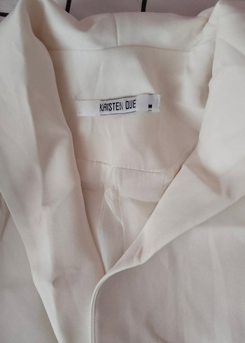m Beden Düğmeli Beyaz Keten Kadın Blazer