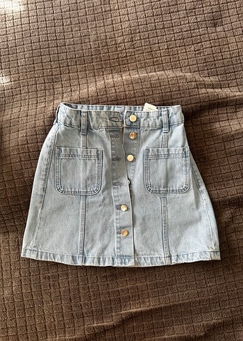 Düğmeli Bej Denim Mini Etek