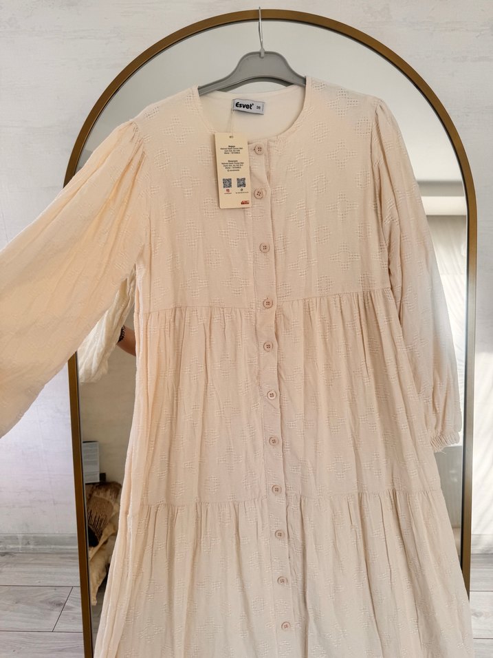 Bej Düğmeli Uzun Keten Elbise - Görsel 2