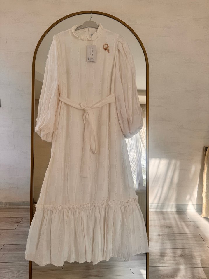 Uzun Keten Elbise, Fırfırlı, Bohem Tarz - Görsel 3