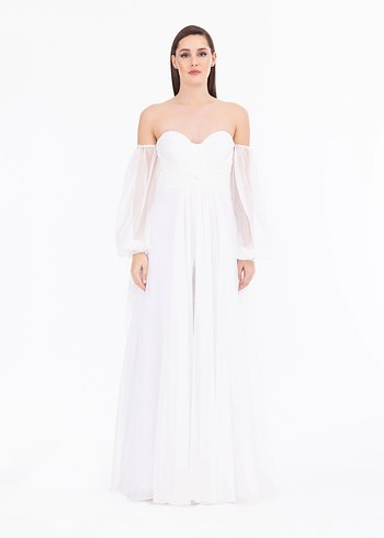 Modern Klasik Uzun Kollu Beyaz Gelinlik/Elbise - Görsel 2