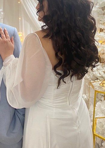 Modern Klasik Uzun Kollu Beyaz Gelinlik/Elbise - Görsel 5