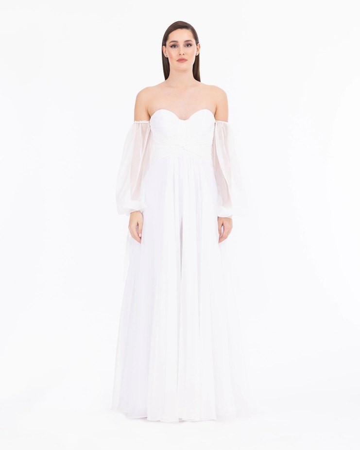 Modern Klasik Uzun Kollu Beyaz Gelinlik/Elbise - Görsel 2