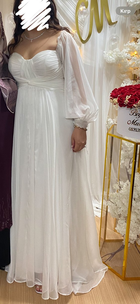 Modern Klasik Uzun Kollu Beyaz Gelinlik/Elbise - Görsel 3