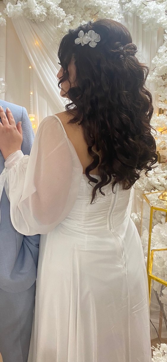 Modern Klasik Uzun Kollu Beyaz Gelinlik/Elbise - Görsel 5