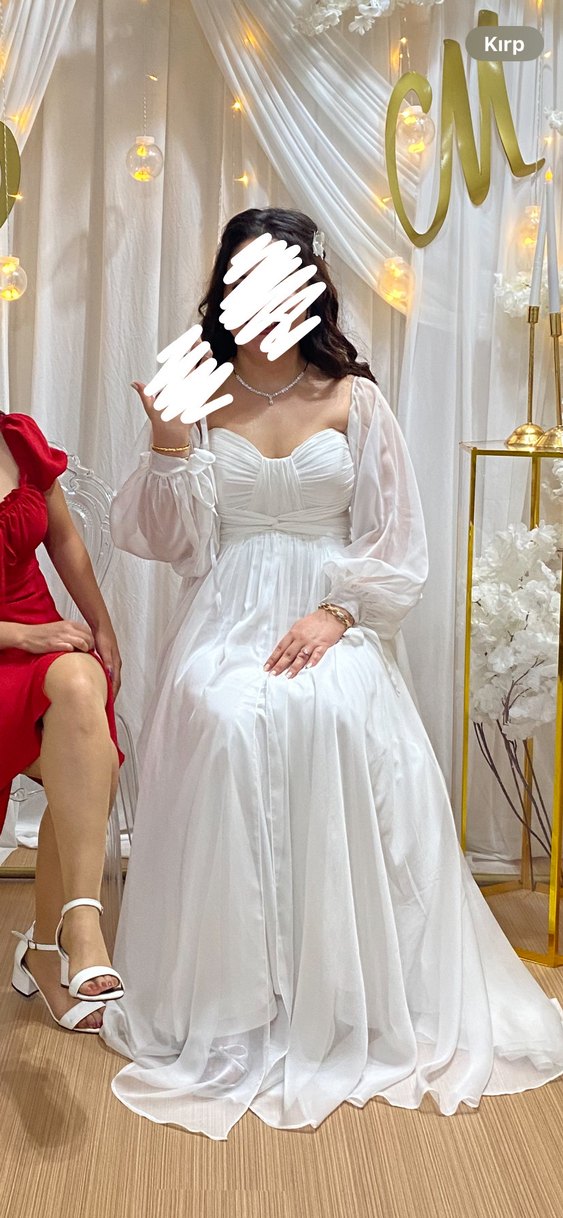 Modern Klasik Uzun Kollu Beyaz Gelinlik/Elbise - Görsel 4
