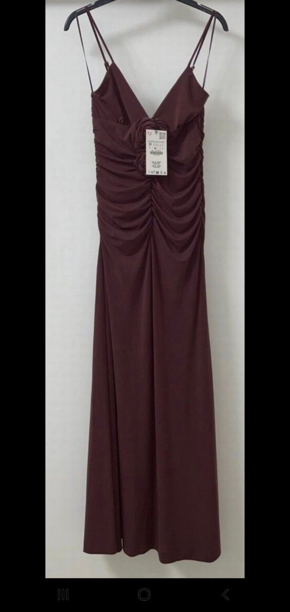 Zara Bordo Drapeli Uzun İnce Askılı Abiye Elbise - Görsel 3