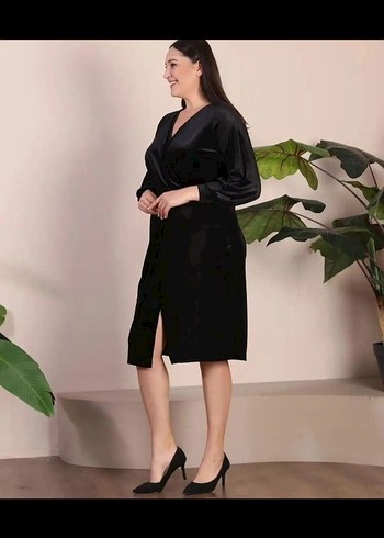Drapeli Siyah Uzun Kollu V Yaka Elbise-4xl beden - Görsel 6