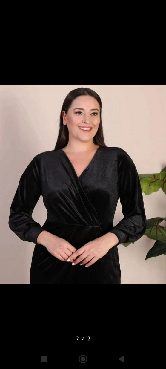 Drapeli Siyah Uzun Kollu V Yaka Elbise-4xl beden - Görsel 4